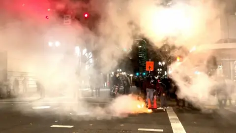 Reuters A fire burns on the street in Portland, Oregon