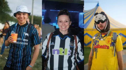 Kit McCutcheon Fans in retro football shirts at Leeds Festival