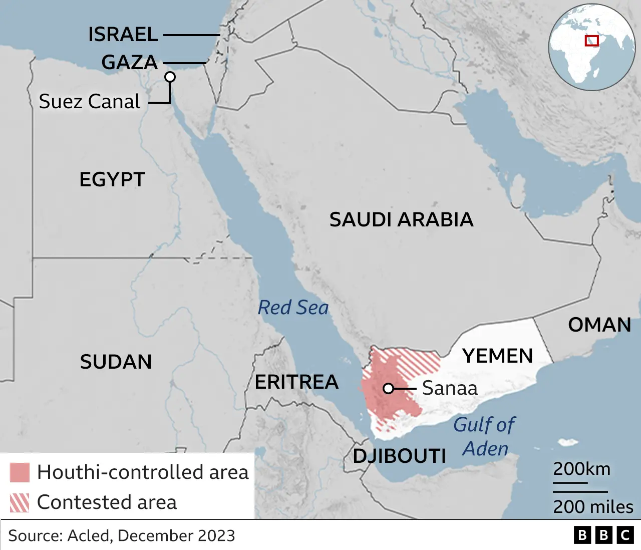 Mapa mostrando o Iêmen e as áreas do país controladas pelos Houthis e onde o país está em relação a Israel