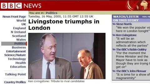 The old version of the BBC News website with a picture of Ken Livingstone making a speech.