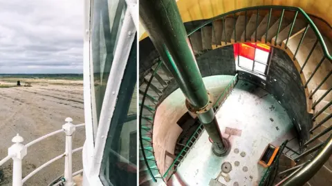 BBC View from the top of Orfordness Lighthouse in 2018 and looking down from the spiral staircase towards the "sectored light" landing