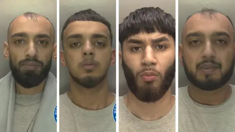A composite of four custody images showing men from the shoulders up. They have dark hair and bears, are wearing grey T-shirts and are stood in front of a plain background.