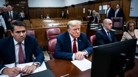 Getty Images File image of Donald Trump appearing with his legal team Todd Blanche, Emil Bove, and Susan Necheles ahead of the start of jury selection at Manhattan Criminal Court on 15 April