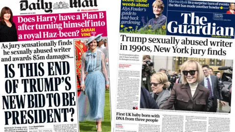 The front pages of the Daily Mail and Guardian