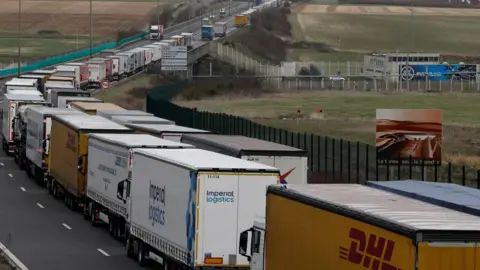 Reuters Trucks form a queue on 13 March as French Customs Officers increase controls on transported goods to protest the lack of resources as the Brexit date approaches, in Coquelles, France