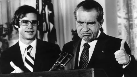 Getty Images Richard Nixon gives the thumbs up after his resignation as 37th President of the United States