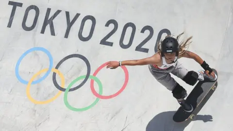 EPA Great Britain's Sky Brown in action during the women's skateboarding park final at the Tokyo Olympics