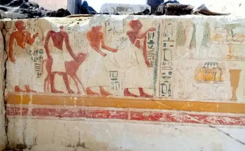 AFP A handout picture released by Egypt"s Antiquities Ministry on May 8, 2018, shows a fresco found in the ancient tomb of an army general named Iwrhya, discovered by archeologists in Saqqara, 25 kilometres south of the Egyptian capital Cairo. According to the ministry, Iwrhya"s career started during the reign of pharaoh Seti I, and continued into the reign of pharaoh Ramesses II.