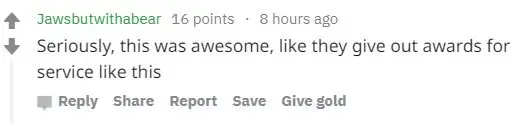 Reddit Reddit comment reading: "Seriously, this was awesome, like they give out awards for service like this"