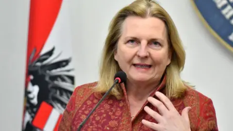 AFP Austrian Foreign Minister Karin Kneissl addresses the media on 22 February