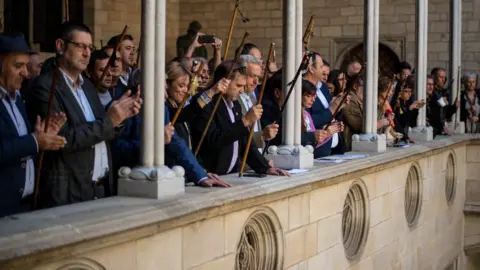 Getty Images Catalan mayors at the Barcelona rally, 16 September