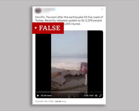 Twitter Screengrab of tweet claiming to show tsunami off Turkey, with 'false' label