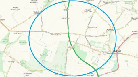 Avon and Somerset Police A map with a large blue circle around the area they are appealing for information from. It includes Roemead Road, Roemead Lane, Simbriss Road, Pound Lane, Galley Batch Lane, and Golf Links Lane.