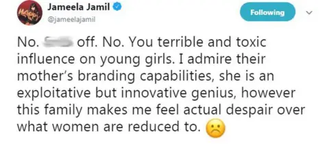 Jameela Jamil/Twitter Jameela Jamil's tweet says: "No. [Expletive]. No. You terrible and toxic influence on young girls. I admire their mother’s branding capabilities, she is an exploitative but innovative genius, however this family makes me feel actual despair over what women are reduced to. "