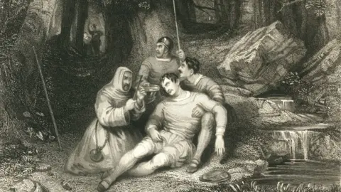 Getty Images Etching of Llywelyn wounded on the floor in a forest with attendants