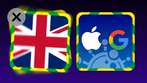 BBC Graphic illustration showing a UK app icon next to an Apple/Google app