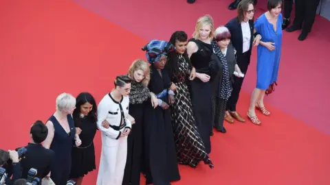 Getty Images Haifaa al-Mansour, Kristen Stewart, Lea Seydoux, Khadja Nin, Ava DuVernay, Cate Blanchett and Agnes Varda (l-r)