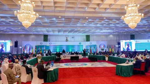 Reuters Dozens of people sitting in a meeting room for a Economic Community of West African States gathering