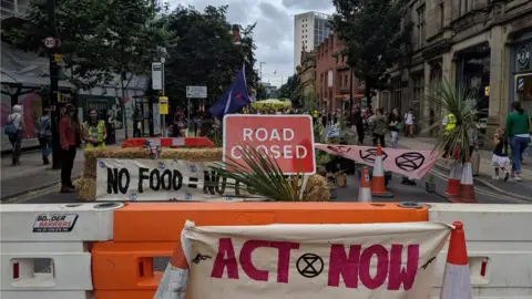 The Extinction Rebellion protest camp in Deansgate, Manchester