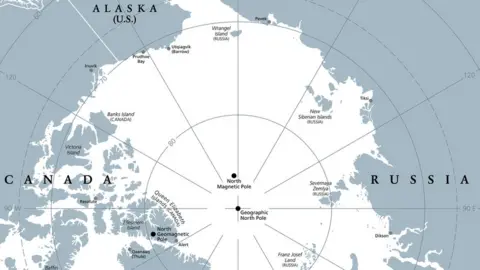 Getty Images A map showing the north pole, Canada, Russia and Alaska in the US