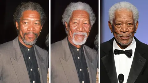 Getty Images/FaceApp Composite image of Morgan Freeman before the app, after it and what he looks like now