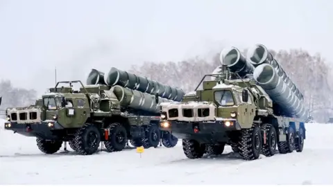 Getty Images S-400 air defence system, sent by Russia, are seen at the Brestsky training ground in Belarus