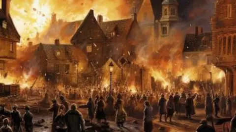 An artist’s impression of the Great Fire of Northampton - lots of buildings are on fire with people fleeing the devastation.