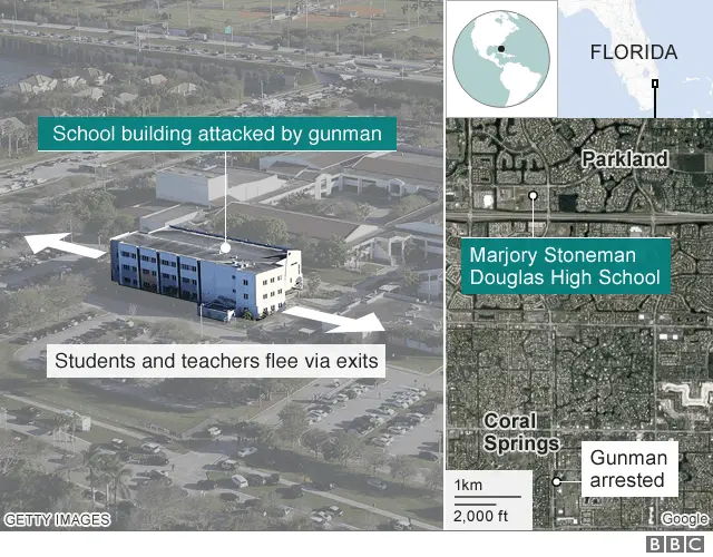 Map showing location of the attack and arrest of the gunman