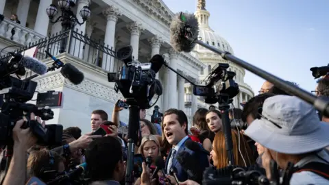 Getty Images Matt Gaetz answers questions outside the US Capitol after successfully leading a vote to remove Rep. Kevin McCarthy from the office of Speaker of the House October 3, 2023 in Washington, DC
