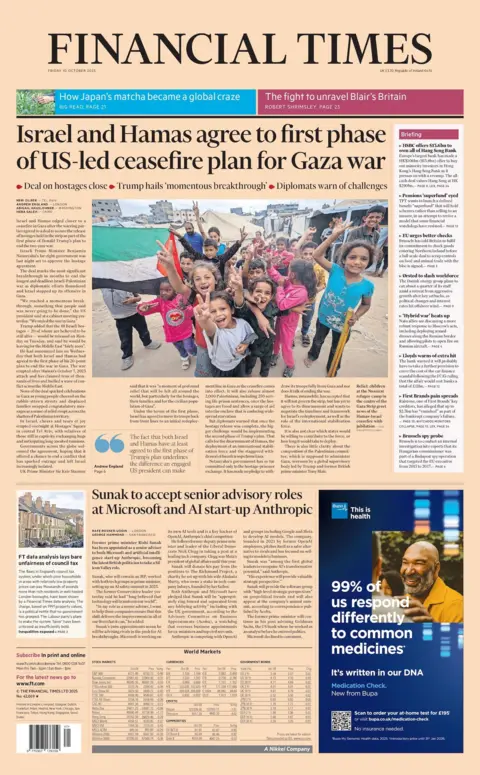 "Israel and Hamas agree to first phase of US-led ceasefire plan for Gaza war" reads the headline on the front page of the Financial Times.