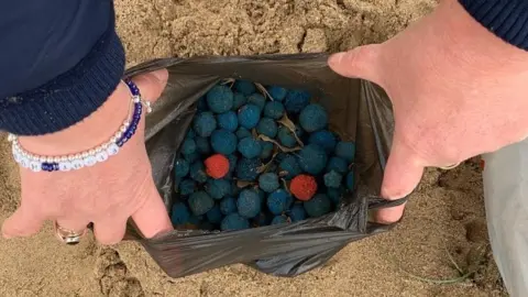 Jacqui Harrison/Marske Litter Action A bag of blue balls collected on a beach