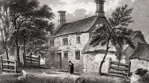 UniversalImagesGroup/Getty Images Copperplate engraving of Woolsthorpe Manor, near Grantham