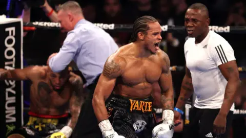 Anthony Yarde celebrates victory after stopping Lyndon Arthur