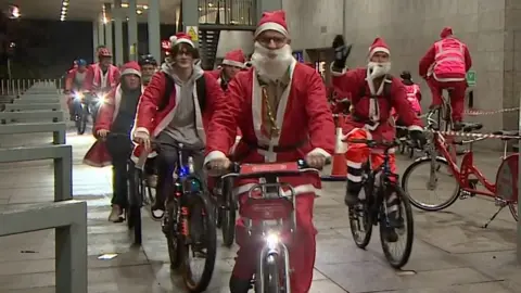 About 50 riders gathered for a short ride and to hand out leaflets to promote the benefits of bikes.