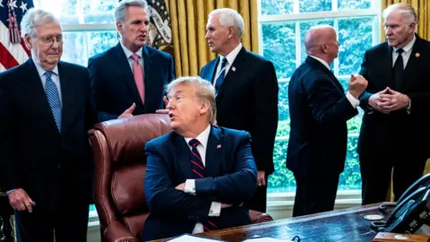 Getty Images President Donald Trump speaks with Senate Majority Leader Mitch McConnell (left)