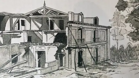 Drawing of destroyed hotel