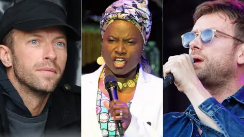 Getty Images L-R: Chris Martin, Angelique Kidjo and Damon Albarn