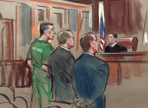 Getty Images Court sketch of Hanssen (left) at his arraignment