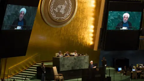 Getty Images Islamic Republic of Iran's President Hassan Rouhani speaks during the U.N. General Assembly at the United Nations on September 20, 2017