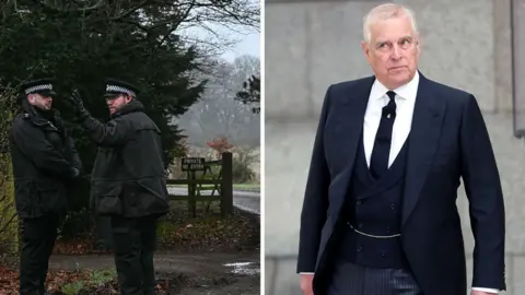 A composite image, left shows police outside Andrew's residence, right is an archived photo of Andrew