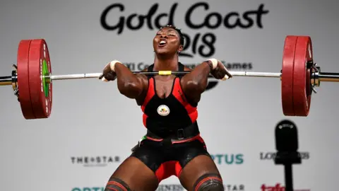 AFP Clementine Meukeugni Noumbissi in the women's 90kg weightlifting final at the 2018 Gold Coast Commonwealth Games on April 9, 2018.