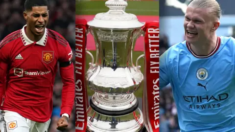 Reuters/Getty Images Manchester United forward Marcus Rashford (left), Manchester City forward Erling Haaland (right) and the FA Cup trophy