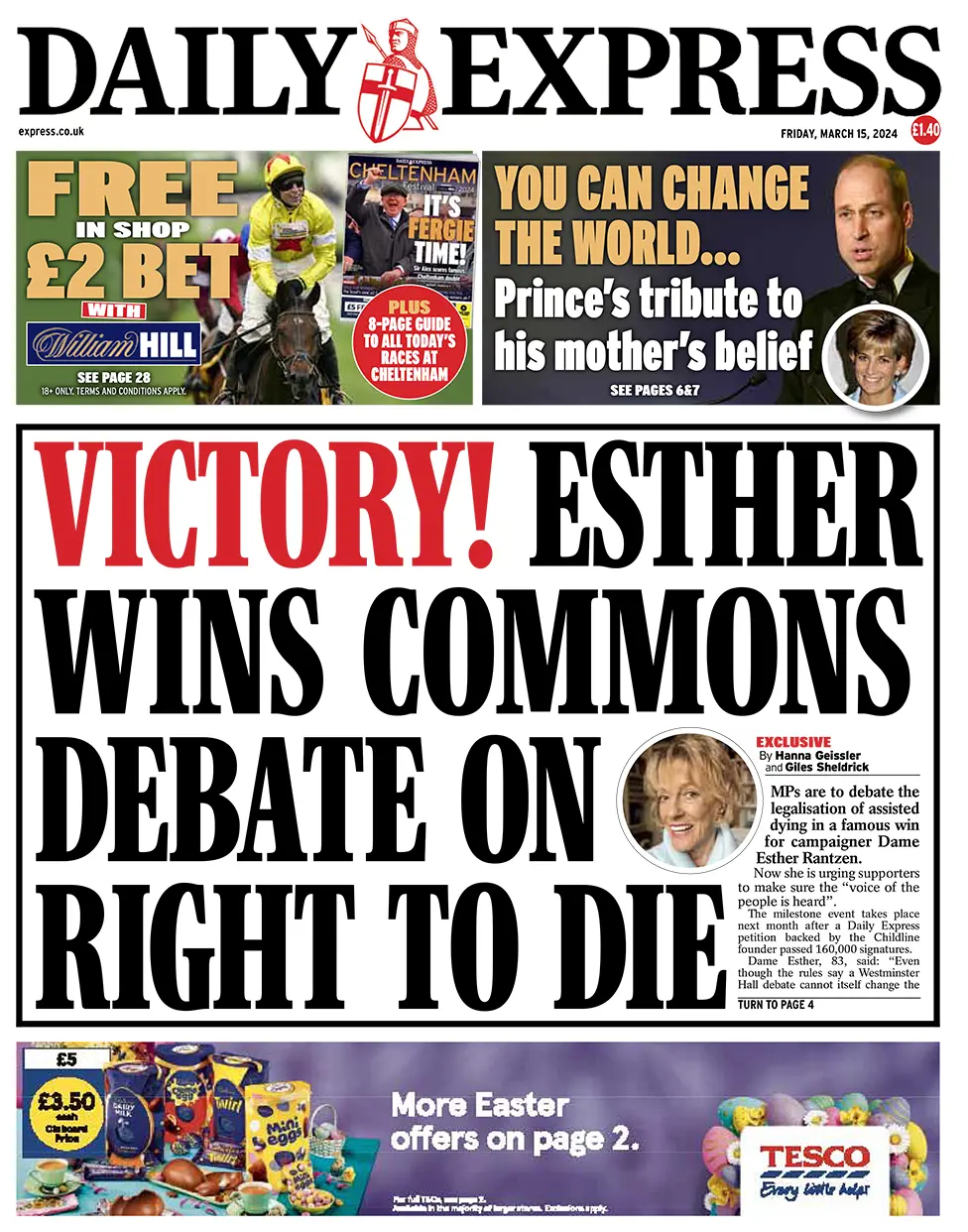 BBC The headline in the Express reads: "Victory! Esther wins Commons debate on right to die".