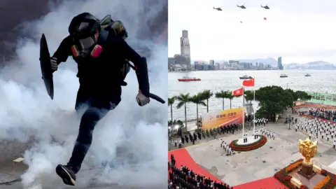 Reuters/AFP 2019 protester amid teargas and 2020 ceremony