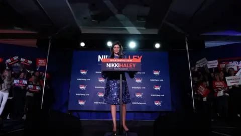 Getty Images Nikki Haley, former governor of South Carolina and 2024 Republican presidential candidate, during a New Hampshire primary election night watch party in Concord, New Hampshire, US, on Tuesday, Jan. 23, 2024