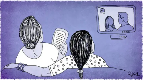 Illustration of two women watching telvision