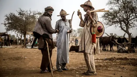 Getty Images A group of Fulani pastoralist men exchange money after cattle transactions at Illiea Cattle Market, Sokoto State, Nigeria, on April 21, 2019