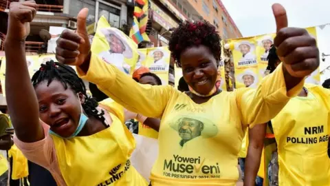 Reuters Yoweri Museveni's supporters celebrate in Kampala, Uganda. Photo: 16 January 2021