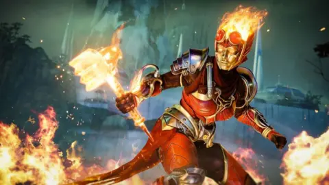 Captura de pantalla del juego Destiny 2 que muestra armas exóticas y combate de guardianes