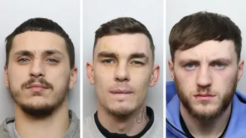 Northamptonshire Police Cameron Williams-Ferguson, Kyle Derek McSkimming and Connor White in police custody images. They are all looking straight at the camera. Williams-Ferguson has short dark hair and a goatee, McSkimming has short hair and a tattoo on his neck, and White has short dark hair and a beard.